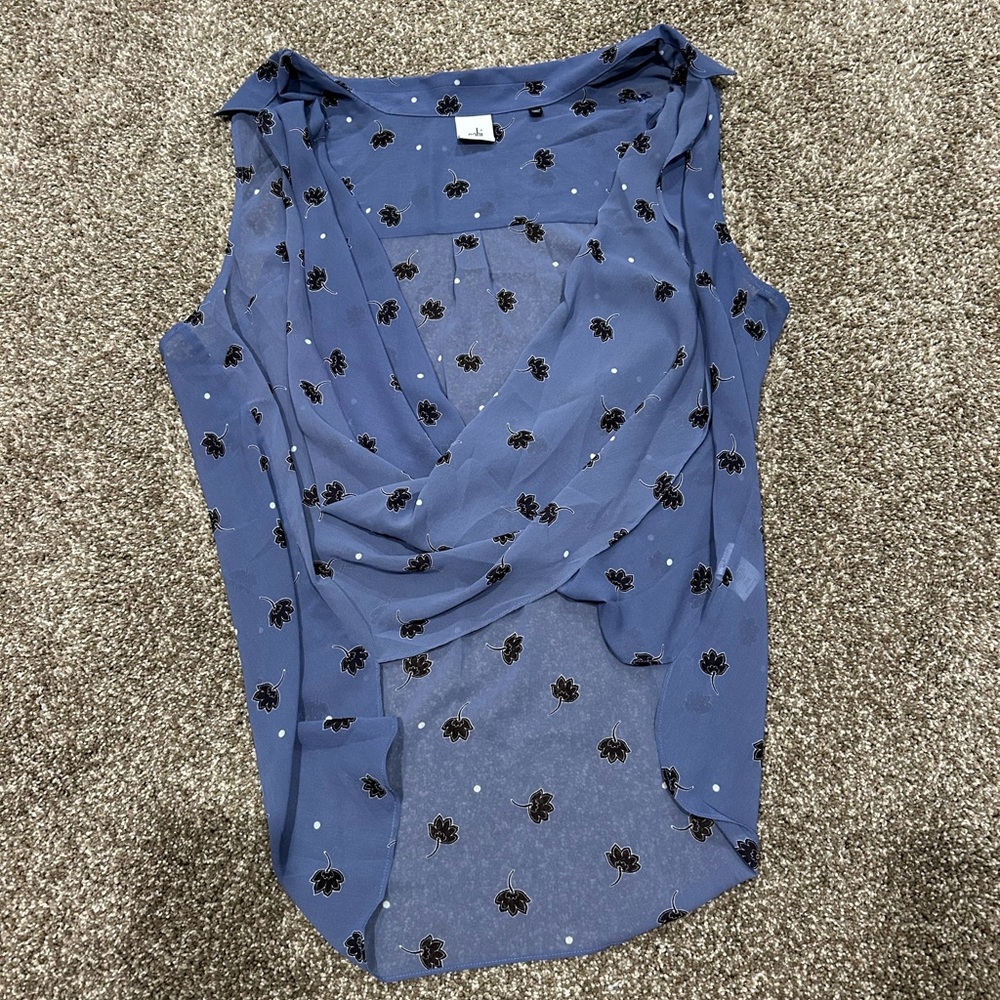 CAbi Blue Top with Black Floral Pattern